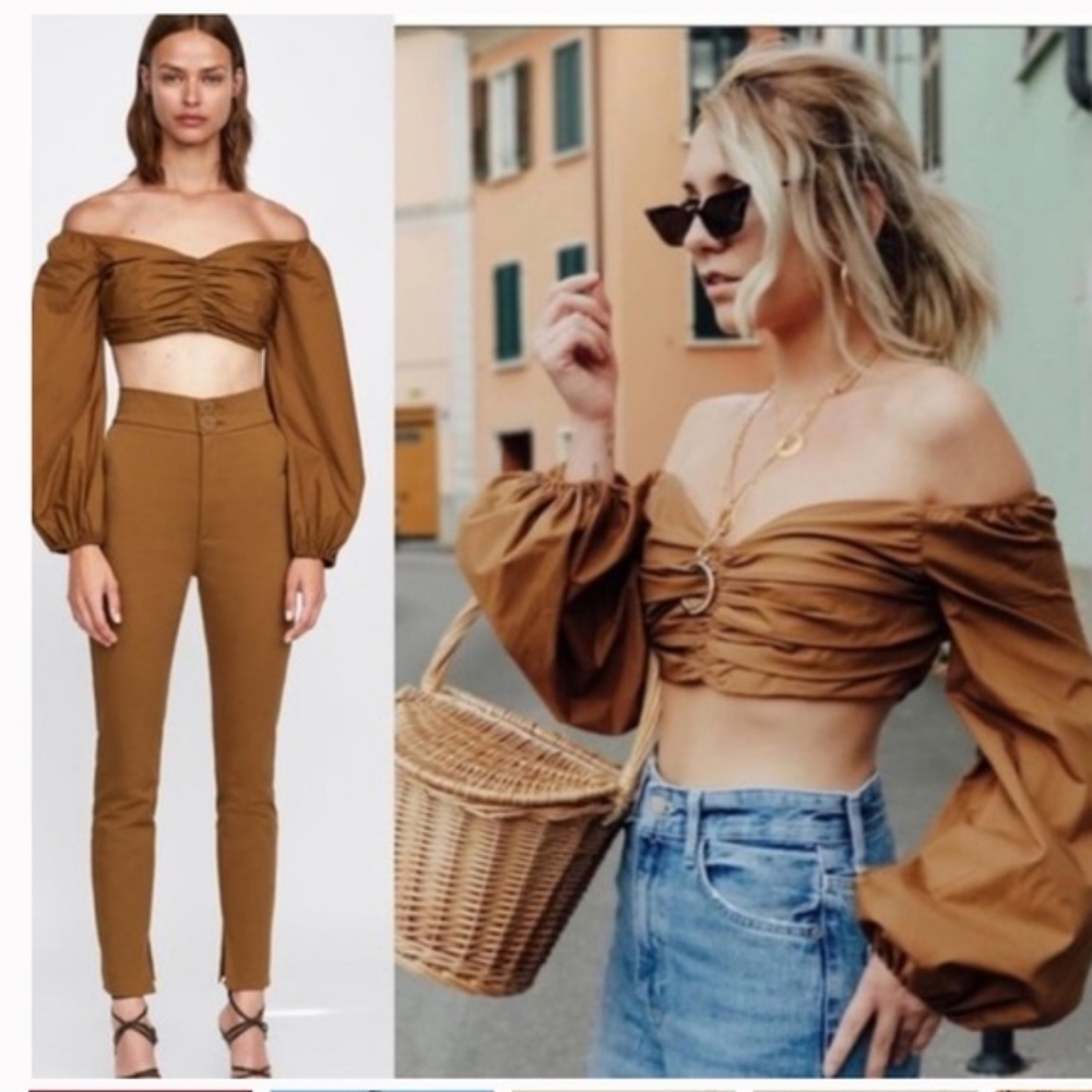 ZARA Woman Studio Brown Draped Crop Top Puff Sleeve
